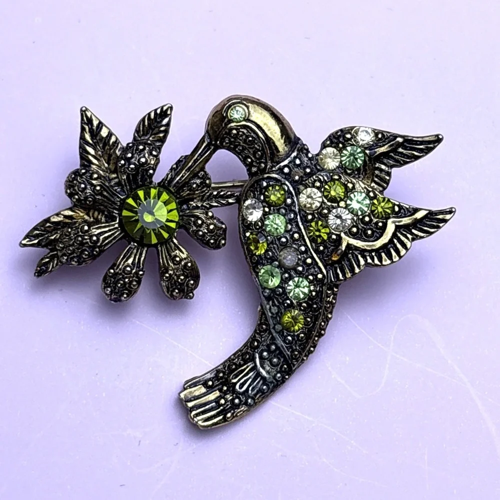 Vintage Rhinestone Pin Brooch Lot Hummingbird Gold tone Green